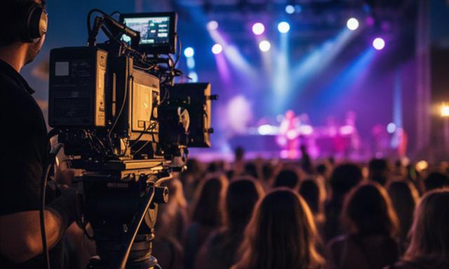 Escenario de festival de música en Ibiza visto desde una cámara broadcast entre el público
