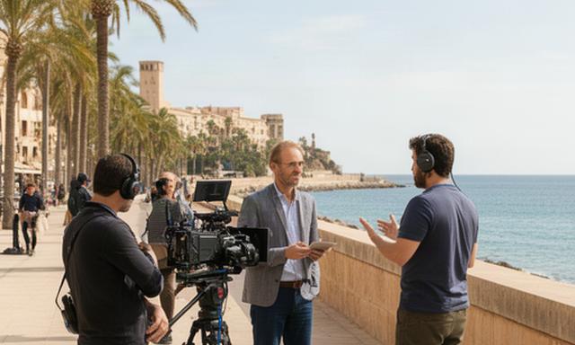 Equipo de magacín grabando una entrevista en un paseo de Mallorca