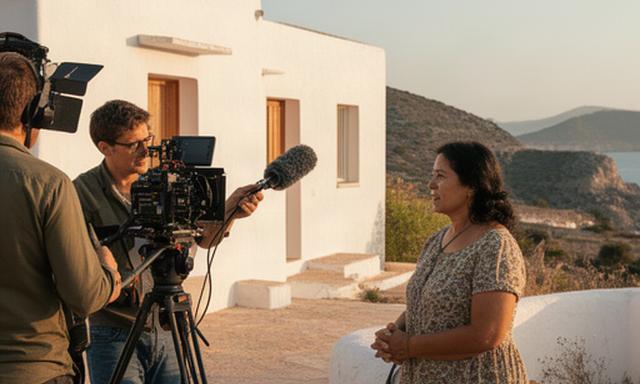 Equipo de rodaje entrevistando a una artesana junto a una casa encalada de Ibiza
